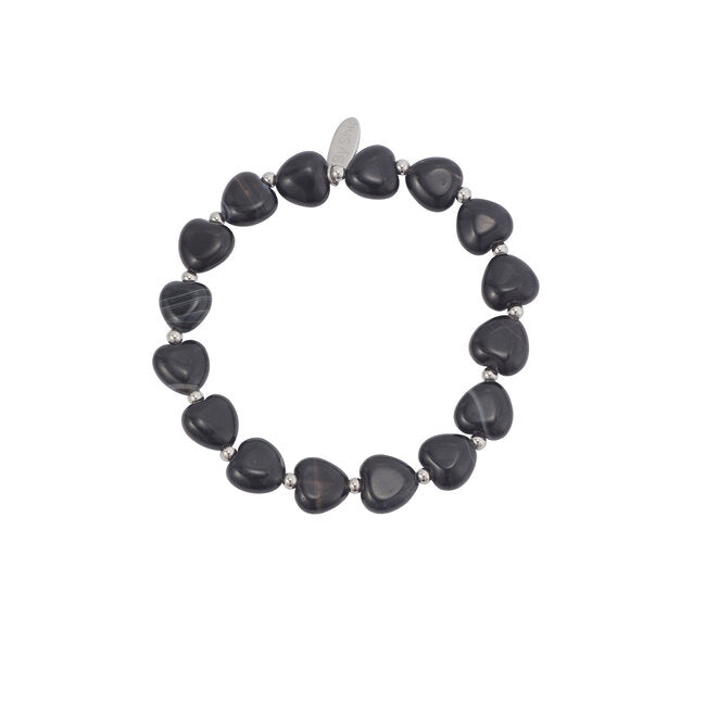 By Shir Armband Luxe Hart Zwart Agaat Zilver Met Elastiek Voor Pols 16 Tot 19 Cm One Size