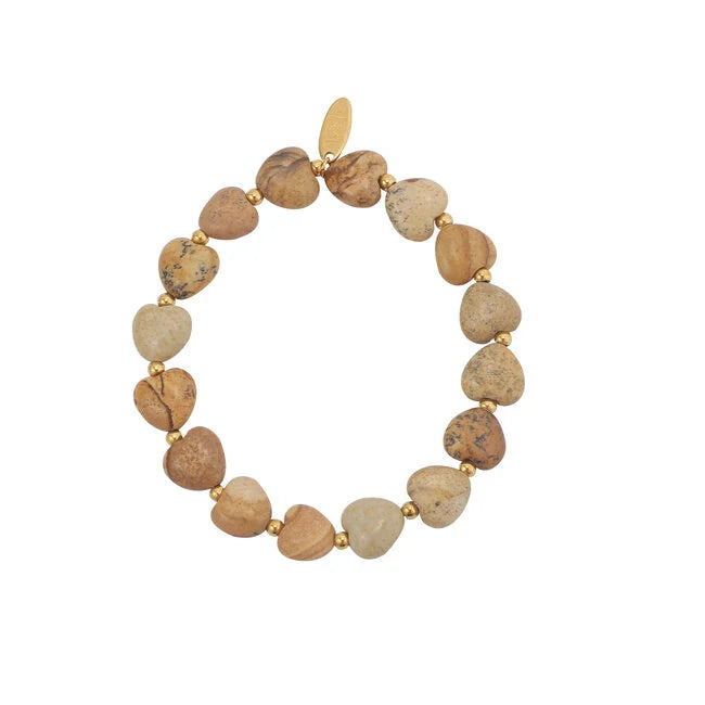 By Shir Armband Luxe Hart Picture Jasper Goud Met Elastiek Comfortabel Draagbaar Natuurlijke Aardetinten