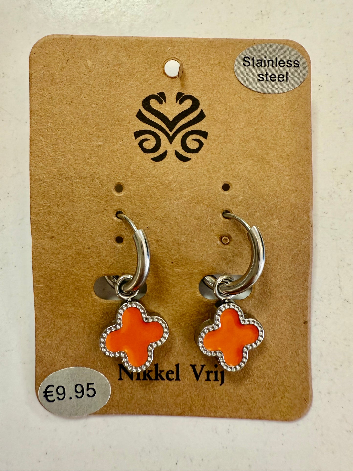 Stras4you zilveren oorbellen klaver oranje