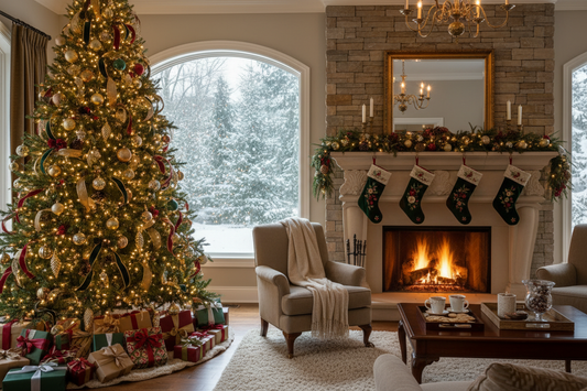 Gezellige kerstsfeer met versierde kerstboom, cadeaus en openhaard