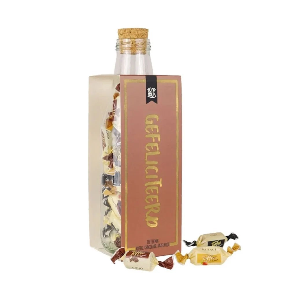 Momenten fles met toffees - Gefeliciteerd