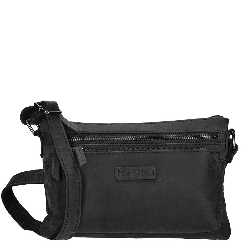 Genua Crossbody Tas Zwart Leren Compacte Schoudertas Met Verstelbare Band Voor Dagelijks Gebruik