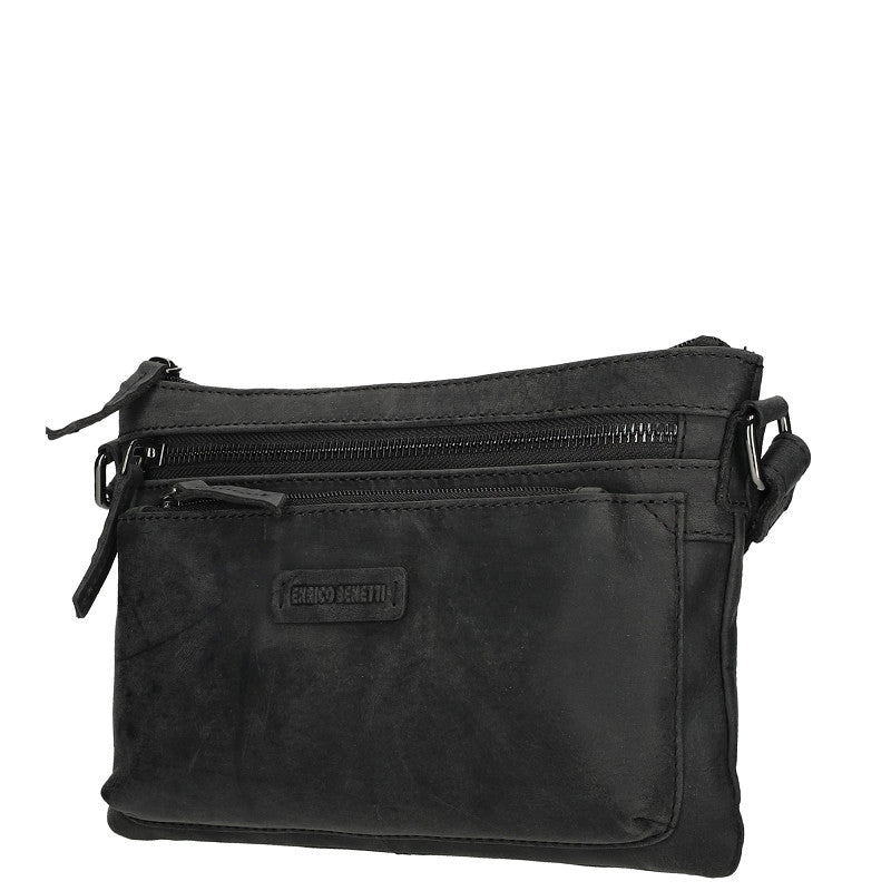 Genua Crossbody Tas Zwart Leren Compacte Schoudertas Met Verstelbare Band Voor Dagelijks Gebruik