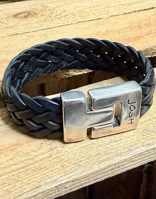 Josh Gevlochten Leren Armband Zwart met Stalen Sluiting