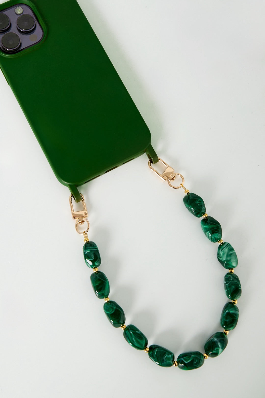 Telefoonkoord Met Acryl Kralen Donkergroen Trendy Lengte 34 Cm Voor Smartphone En Telefoonaccessoire