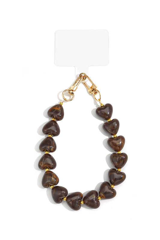 Telefoonkoord Acryl Hartjes Donkerbruin Lengte 32 cm Trendy Telefoon Accessoire Voor Smartphone En Mobiel