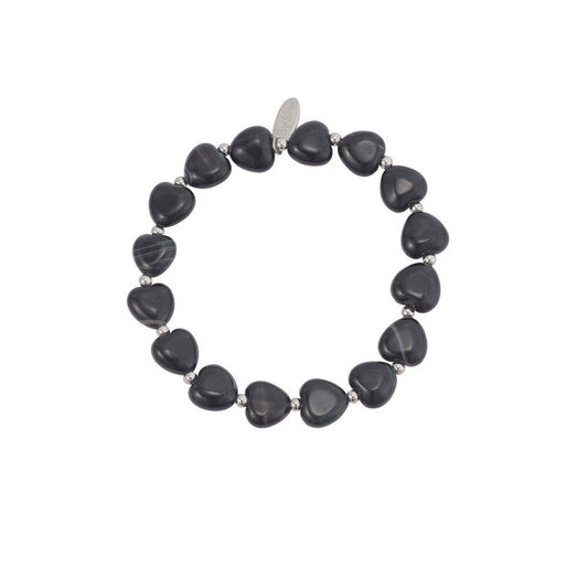 By Shir Armband Luxe Hart Zwart Agaat Zilver Met Elastiek Voor Pols 16 Tot 19 Cm One Size