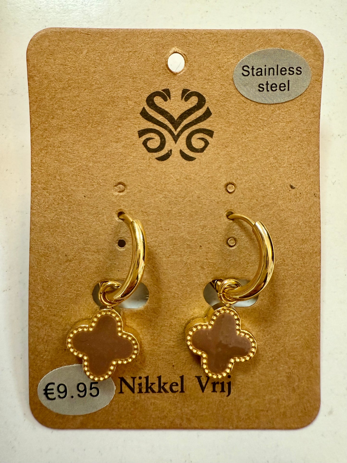 Stras4you gouden klaver oorbelhangers met steen bruin