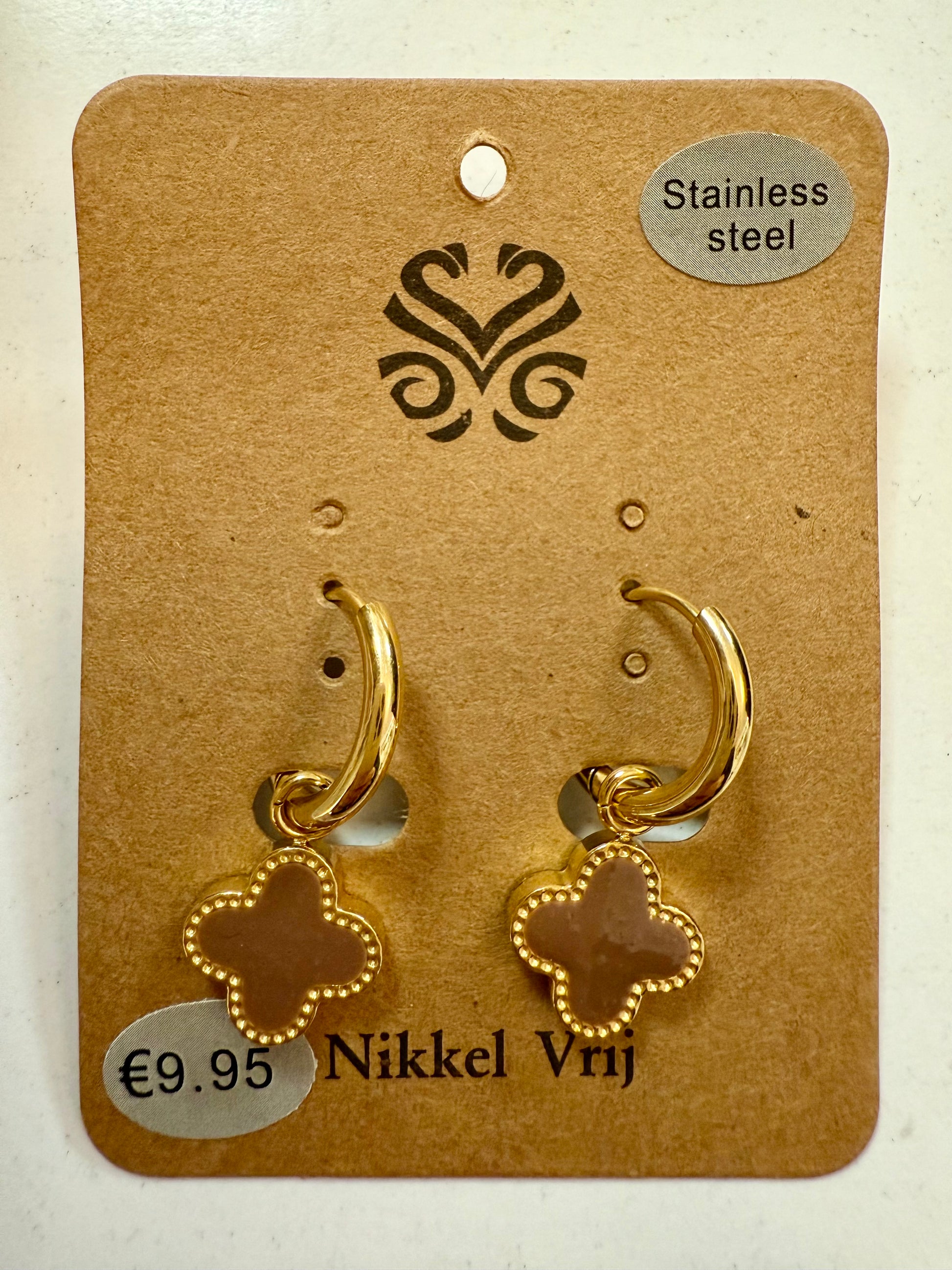 Stras4you gouden klaver oorbelhangers met steen bruin