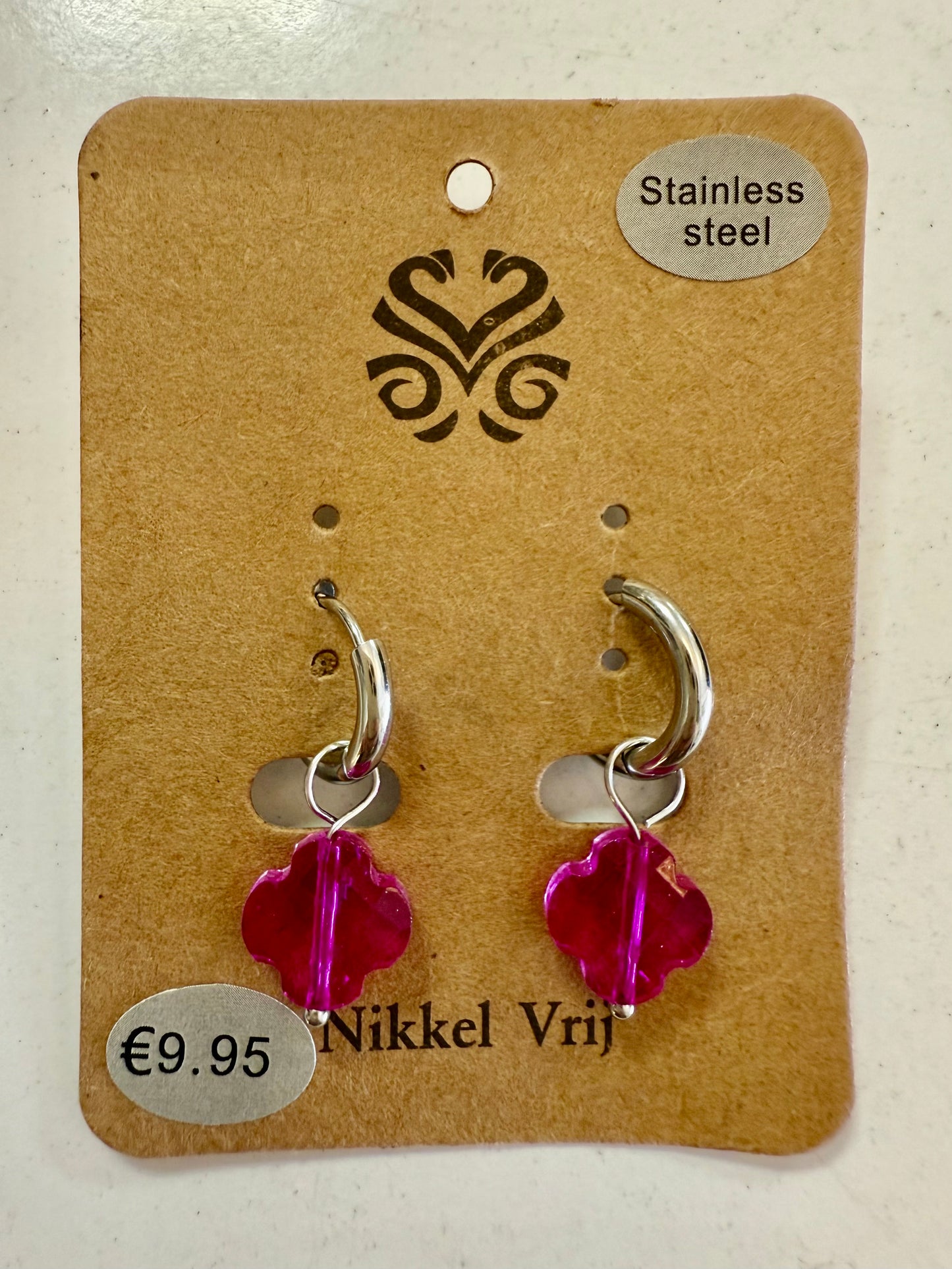 Stras4you zilveren oorbellen klaver doorzichtig roze